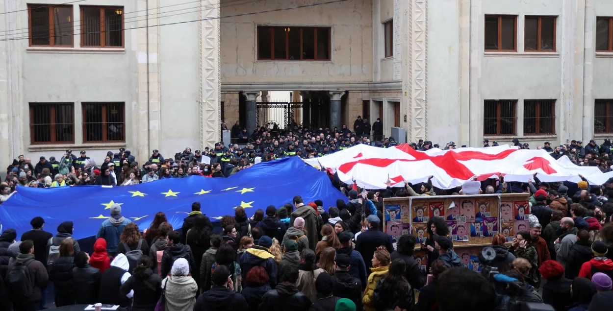 Протесты в Грузии проходят под национальным флагом и флагом ЕС / Reuters
