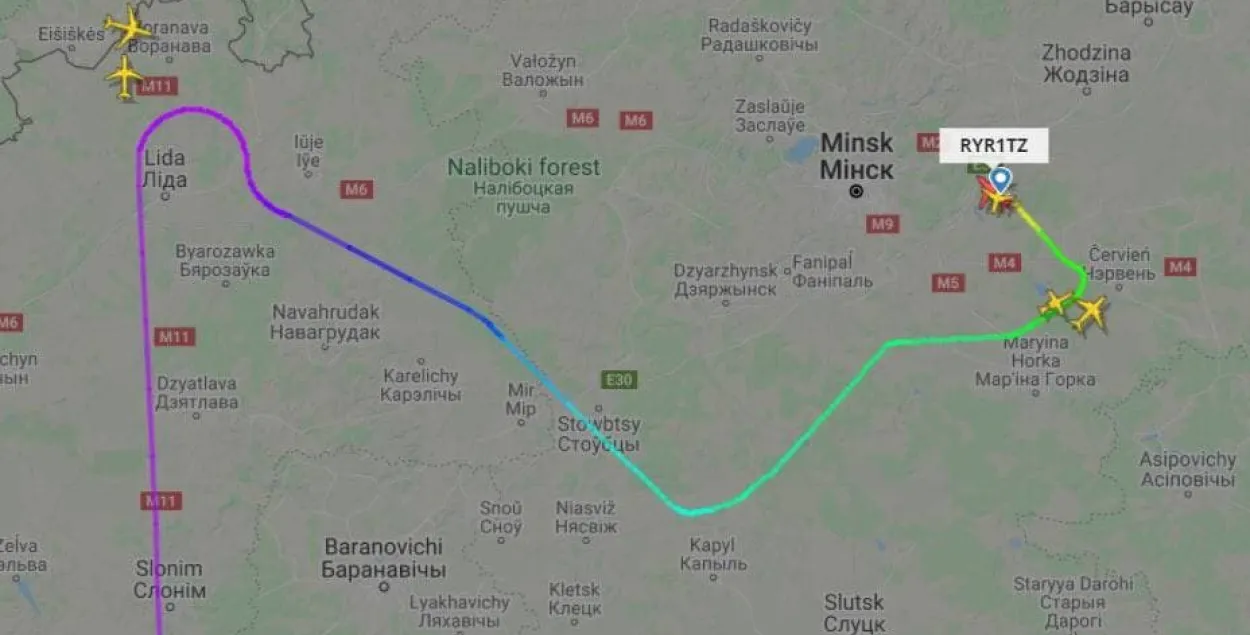 Траекторыя палёту борта Ryanair, пасаджанага ў Мінску