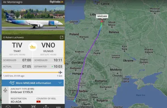 Черногорский самолет прилетел в Литву через Беларусь / flightradar24.com
