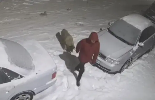 На камеру видеонаблюдения попал мужчина в красной куртке, который вел на поводке собаку